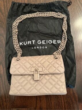 Kurt Geiger Quilted Leather Shoulder Bag in Taupe Beige with Chain Strap